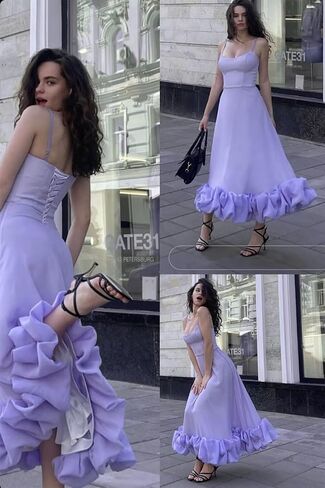 Women's Midi Prom Dresses Flounce Bustier Trim Ruffle Formal Wedding Party Dress Tea Length in Kuwait