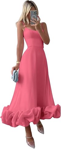 Women's Midi Prom Dresses Flounce Bustier Trim Ruffle Formal Wedding Party Dress Tea Length in Kuwait