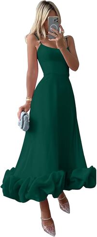 Women's Midi Prom Dresses Flounce Bustier Trim Ruffle Formal Wedding Party Dress Tea Length in Kuwait
