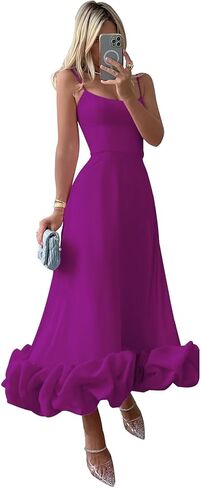 Women's Midi Prom Dresses Flounce Bustier Trim Ruffle Formal Wedding Party Dress Tea Length in Kuwait