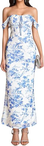Colysmo Floral Off Shoulder Maxi Dress Bodycon Lace Up Long Formal Cocktail Wedding Guest Dresses for Women 2026 in Saudi Arabia