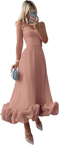 Women's Midi Prom Dresses Flounce Bustier Trim Ruffle Formal Wedding Party Dress Tea Length in Kuwait