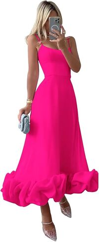 Women's Midi Prom Dresses Flounce Bustier Trim Ruffle Formal Wedding Party Dress Tea Length in Kuwait