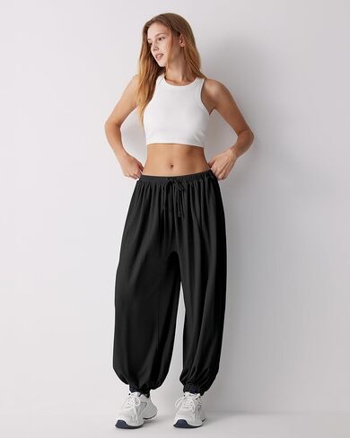 MOOSLOVER Women Pleated Balloon Pants Elastic Waist Baggy Harem Pant Comfy Loose Casual Workout Pants with Pockets in Kuwait