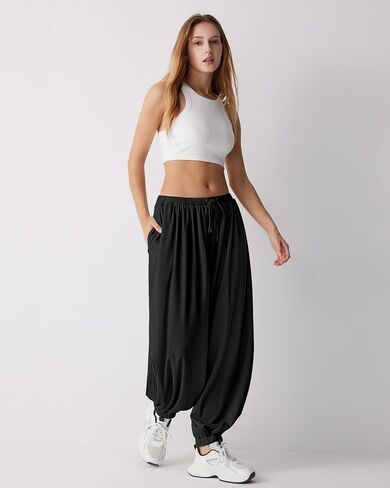 MOOSLOVER Women Pleated Balloon Pants Elastic Waist Baggy Harem Pant Comfy Loose Casual Workout Pants with Pockets in Kuwait
