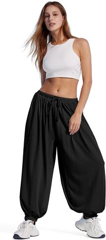 MOOSLOVER Women Pleated Balloon Pants Elastic Waist Baggy Harem Pant Comfy Loose Casual Workout Pants with Pockets in Kuwait