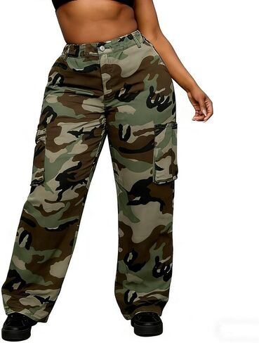 Plus Size High Waisted Straight Leg Camo Cargo Pants for Women, Stretchy Everyday Streetwear Bottoms in Saudi Arabia