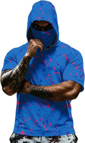 Men's Paint Splatter Print Quick Dry Fishing Hoodie UPF 50+ Sun Protection Short Sleeve Shirt with Face Mask in Kuwait