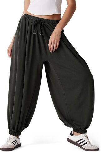 MOOSLOVER Women Pleated Balloon Pants Elastic Waist Baggy Harem Pant Comfy Loose Casual Workout Pants with Pockets in Kuwait