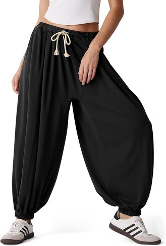 MOOSLOVER Women Pleated Balloon Pants Elastic Waist Baggy Harem Pant Comfy Loose Casual Workout Pants with Pockets in Kuwait