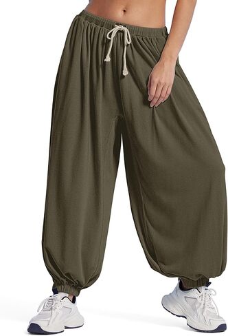 MOOSLOVER Women Pleated Balloon Pants Elastic Waist Baggy Harem Pant Comfy Loose Casual Workout Pants with Pockets in Kuwait