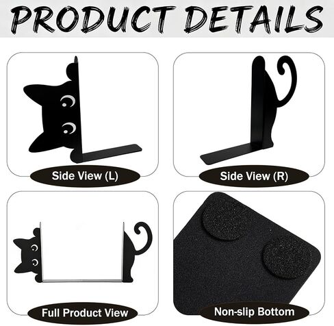 Peekaboo Cat Bookends for Shelves, Cute Black Metal Decorative Book Ends, Heavy Duty Rustproof Book Stoppers for Home Office & Study Desk, Ideal Gift for Cat Lovers & Book Lovers in Kuwait