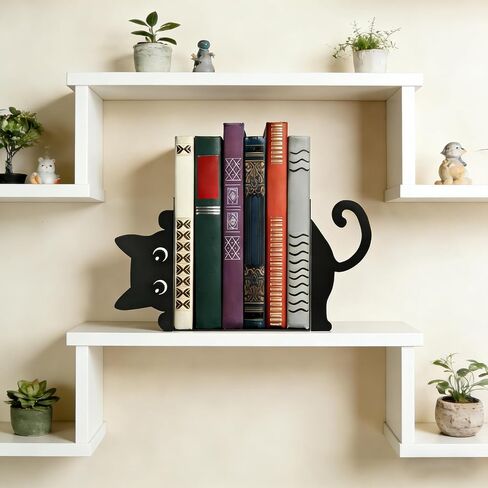 Peekaboo Cat Bookends for Shelves, Cute Black Metal Decorative Book Ends, Heavy Duty Rustproof Book Stoppers for Home Office & Study Desk, Ideal Gift for Cat Lovers & Book Lovers in Kuwait