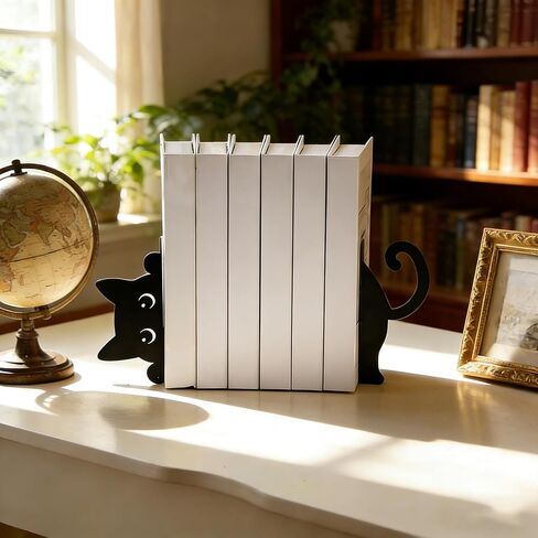 Peekaboo Cat Bookends for Shelves, Cute Black Metal Decorative Book Ends, Heavy Duty Rustproof Book Stoppers for Home Office & Study Desk, Ideal Gift for Cat Lovers & Book Lovers in Kuwait
