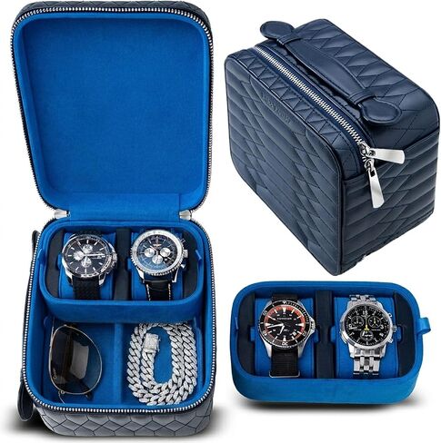 Travel Watch Case - Luxury Watch Box Organizer, Leather Mens Jewelry box Organizer with Ultra-Suede Lining, 4-Slot watches case with Sliding Cushion System & Compartments for Sunglasses in Kuwait