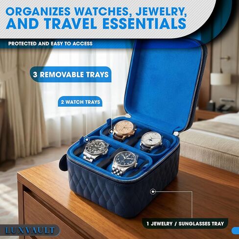 Travel Watch Case - Luxury Watch Box Organizer, Leather Mens Jewelry box Organizer with Ultra-Suede Lining, 4-Slot watches case with Sliding Cushion System & Compartments for Sunglasses in Kuwait