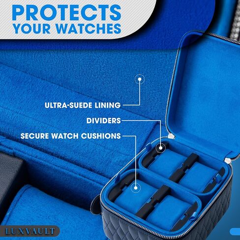 Travel Watch Case - Luxury Watch Box Organizer, Leather Mens Jewelry box Organizer with Ultra-Suede Lining, 4-Slot watches case with Sliding Cushion System & Compartments for Sunglasses in Kuwait