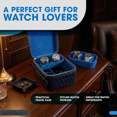 Travel Watch Case - Luxury Watch Box Organizer, Leather Mens Jewelry box Organizer with Ultra-Suede Lining, 4-Slot watches case with Sliding Cushion System & Compartments for Sunglasses in Kuwait