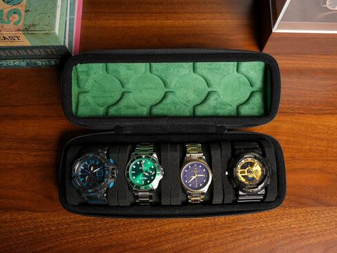 4 slots Watch travel case, hard watch box storage organize holder, with soft foam insert fit watches up to 55mm face,green microfiber lining in Saudi Arabia