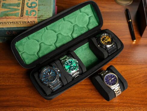 4 slots Watch travel case, hard watch box storage organize holder, with soft foam insert fit watches up to 55mm face,green microfiber lining in Saudi Arabia