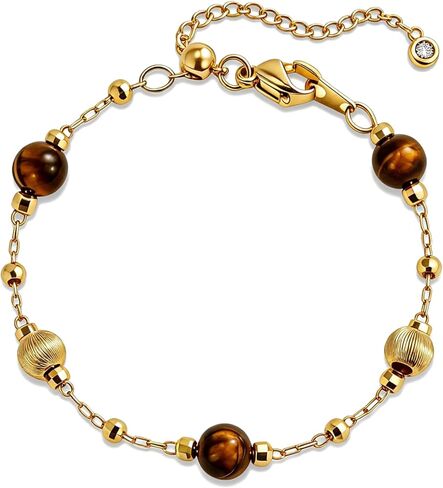 Tiger Eye Bracelet for Women Gold Beaded Station Bracelet Adjustable Natural Stone Boho Bracelet Hypoallergenic Brown Jewelry Gold and Tiger Eye Bead Bracelet Gift for Her in Kuwait