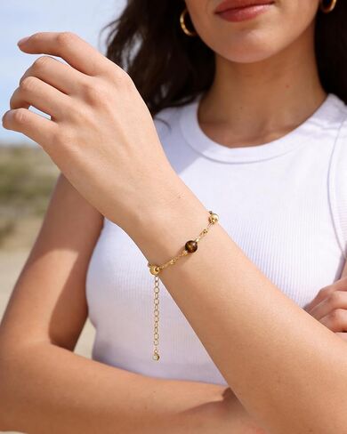 Tiger Eye Bracelet for Women Gold Beaded Station Bracelet Adjustable Natural Stone Boho Bracelet Hypoallergenic Brown Jewelry Gold and Tiger Eye Bead Bracelet Gift for Her in Kuwait
