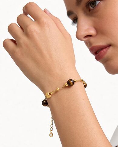 Tiger Eye Bracelet for Women Gold Beaded Station Bracelet Adjustable Natural Stone Boho Bracelet Hypoallergenic Brown Jewelry Gold and Tiger Eye Bead Bracelet Gift for Her in Kuwait