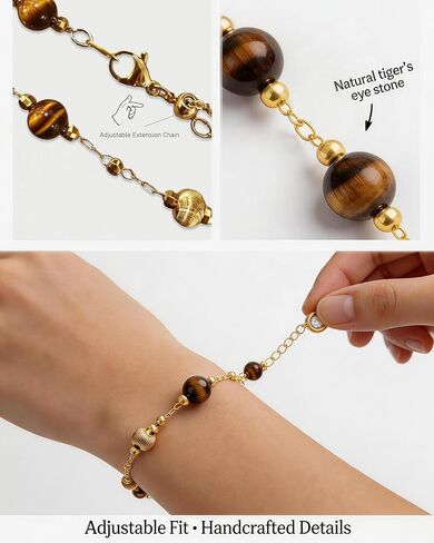 Tiger Eye Bracelet for Women Gold Beaded Station Bracelet Adjustable Natural Stone Boho Bracelet Hypoallergenic Brown Jewelry Gold and Tiger Eye Bead Bracelet Gift for Her in Kuwait