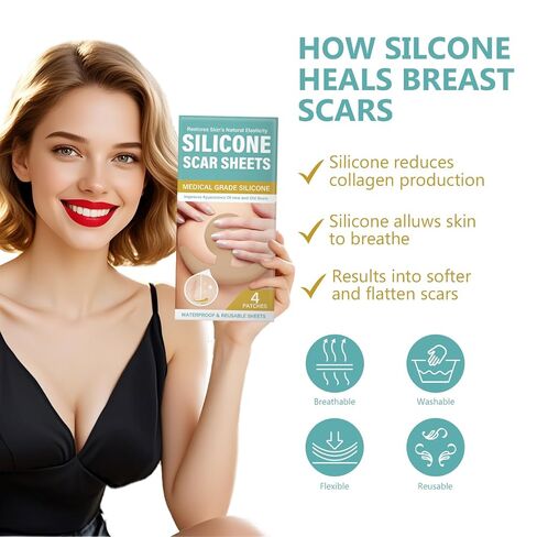 Silicone Scar Sheets for Breast - Reusable & Breathable Breast Silicone Scar Tape 4 Pair - Comfortable & Soft Medical Grade Patches for Post-Care Management in Kuwait