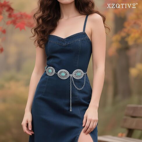 XZQTIVE الغربية كونشو أحزمة سلسلة للنساء راعية البقر الفضة/الذهب حزام خصر معدني لفساتين الجينز البلد الحفل الزي in Saudi Arabia