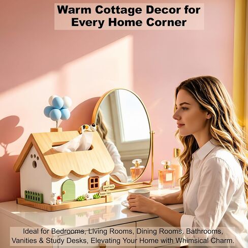Whimsical Handcrafted Wooden Cottage Figurine, Collectible Miniature House Decor, Premium Farmhouse Tabletop Art Home Office, Birthday Gift for Girlfriend, Parents, Functional Wood Tissue Box Cover in Kuwait