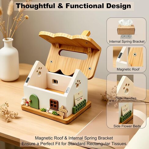 Whimsical Handcrafted Wooden Cottage Figurine, Collectible Miniature House Decor, Premium Farmhouse Tabletop Art Home Office, Birthday Gift for Girlfriend, Parents, Functional Wood Tissue Box Cover in Kuwait