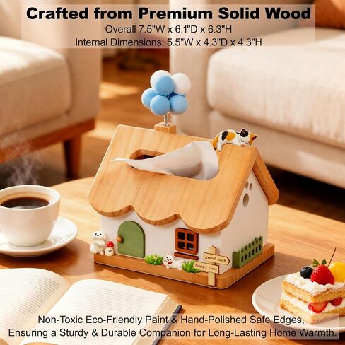 Whimsical Handcrafted Wooden Cottage Figurine, Collectible Miniature House Decor, Premium Farmhouse Tabletop Art Home Office, Birthday Gift for Girlfriend, Parents, Functional Wood Tissue Box Cover in Kuwait