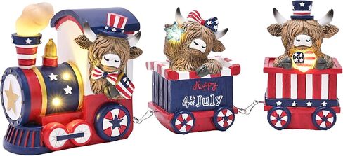 Valery Madelyn 4th of July Highland Cow Train Decorations Lighted LED Memorial Day Decor for Home, High Mountain Yak Train Figurines Red White and Blue Decorations, Patriotic USA 250th Anniversary in Kuwait