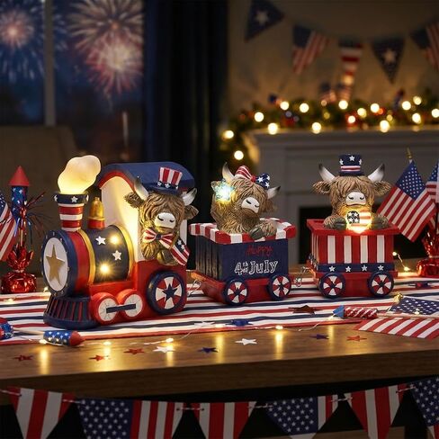 Valery Madelyn 4th of July Highland Cow Train Decorations Lighted LED Memorial Day Decor for Home, High Mountain Yak Train Figurines Red White and Blue Decorations, Patriotic USA 250th Anniversary in Kuwait