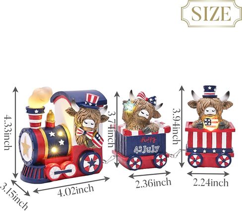 Valery Madelyn 4th of July Highland Cow Train Decorations Lighted LED Memorial Day Decor for Home, High Mountain Yak Train Figurines Red White and Blue Decorations, Patriotic USA 250th Anniversary in Kuwait