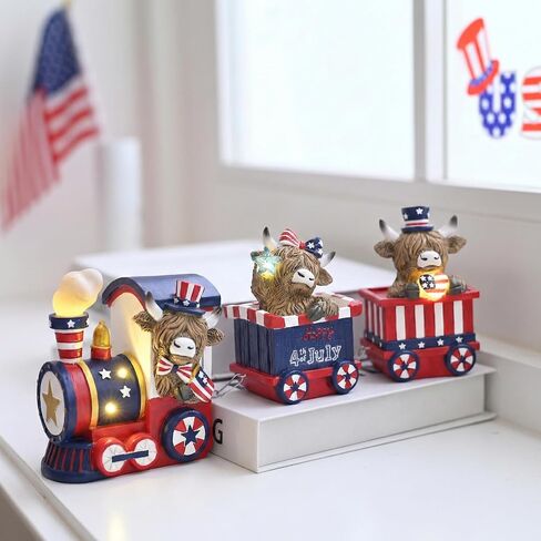 Valery Madelyn 4th of July Highland Cow Train Decorations Lighted LED Memorial Day Decor for Home, High Mountain Yak Train Figurines Red White and Blue Decorations, Patriotic USA 250th Anniversary in Kuwait