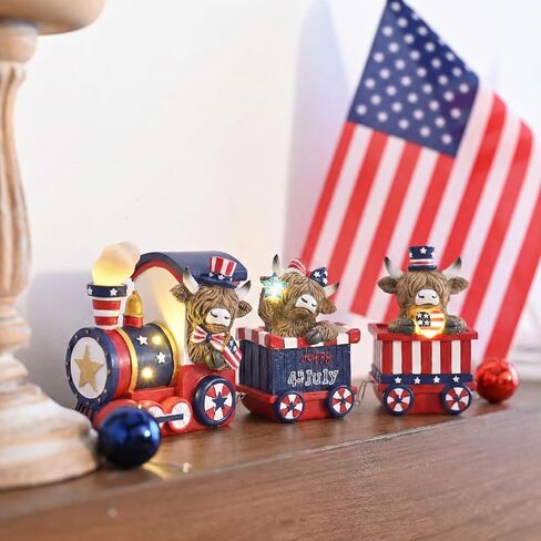 Valery Madelyn 4th of July Highland Cow Train Decorations Lighted LED Memorial Day Decor for Home, High Mountain Yak Train Figurines Red White and Blue Decorations, Patriotic USA 250th Anniversary in Kuwait
