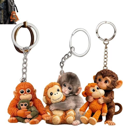 3-Pack Punch Monkey Plush Keychain, Cute Acrylic Monkey Stuffed Animal Keychain Charm for Backpack, Purse & Car Keys, Soft Mini Plush Key Ring Gift for Kids & Adults in Saudi Arabia