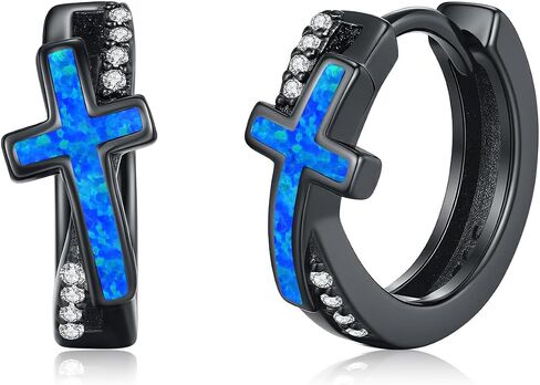 MEDWISE Black Cross Hoop Earrings 925 Sterling Silver Religious Cross Huggie Earrings Christian Jewelry for Men Women in Kuwait