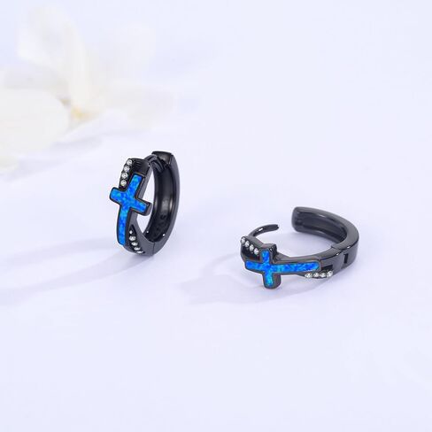 MEDWISE Black Cross Hoop Earrings 925 Sterling Silver Religious Cross Huggie Earrings Christian Jewelry for Men Women in Kuwait
