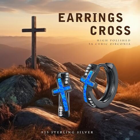 MEDWISE Black Cross Hoop Earrings 925 Sterling Silver Religious Cross Huggie Earrings Christian Jewelry for Men Women in Kuwait