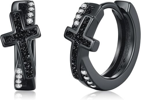 MEDWISE Black Cross Hoop Earrings 925 Sterling Silver Religious Cross Huggie Earrings Christian Jewelry for Men Women in Kuwait