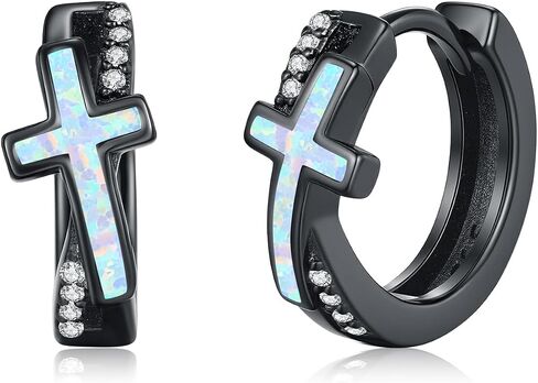 MEDWISE Black Cross Hoop Earrings 925 Sterling Silver Religious Cross Huggie Earrings Christian Jewelry for Men Women in Kuwait