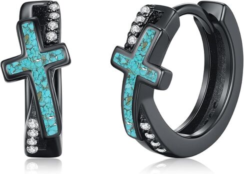 MEDWISE Black Cross Hoop Earrings 925 Sterling Silver Religious Cross Huggie Earrings Christian Jewelry for Men Women in Kuwait