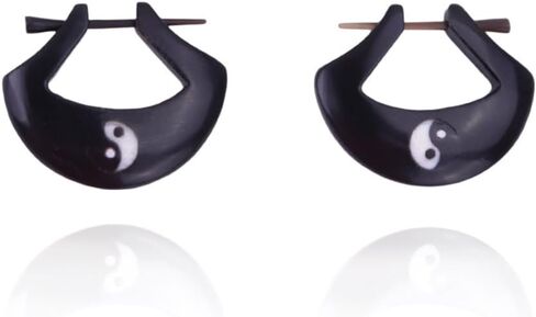 Yin Yang Black Horn Hand Carved Earrings for Men Women, Natural Tribal Unisex Earrings with Stick Posts, Handmade Hippie Jewelry in Kuwait
