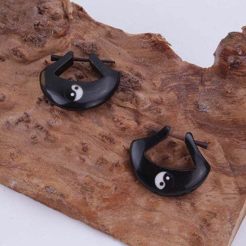 Yin Yang Black Horn Hand Carved Earrings for Men Women, Natural Tribal Unisex Earrings with Stick Posts, Handmade Hippie Jewelry in Kuwait