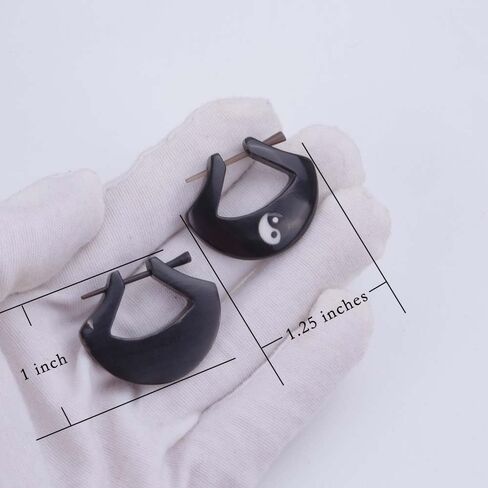 Yin Yang Black Horn Hand Carved Earrings for Men Women, Natural Tribal Unisex Earrings with Stick Posts, Handmade Hippie Jewelry in Kuwait