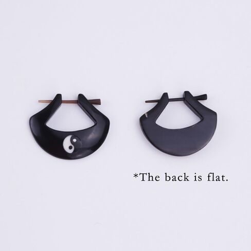 Yin Yang Black Horn Hand Carved Earrings for Men Women, Natural Tribal Unisex Earrings with Stick Posts, Handmade Hippie Jewelry in Kuwait