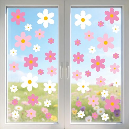 AOWDIAO 108 Pcs Daisy Window Clings - Pink & White Flower Double-Sided Glass Stickers - Spring Summer Decorations for Home, Office, School in Saudi Arabia